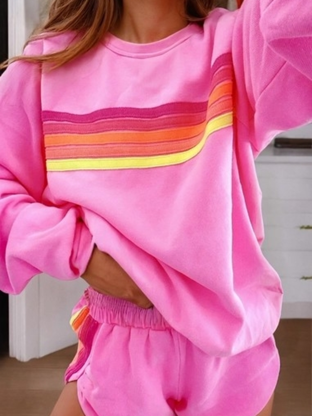 Pink Stripe Women's Lounge Sweatshirt and Shorts Set